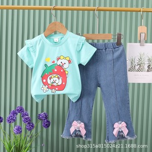Nouvel ensemble deux pièces pour filles, style coréen décontracté d'été, haut à manches courtes en coton avec motif de dessin animé mignon + jean en denim à nœud papillon - Product Image 3