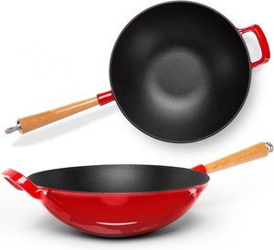 Wok de hierro fundido esmaltado de estilo chino, olla de hierro fundido con un mango de madera, tamaño grande <span class=keywords><strong>para</strong></span> el hogar, cocina, fábrica, buen precio - Product Image 1