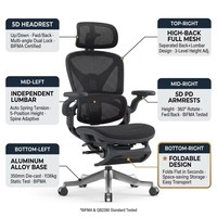 Chaise de bureau ergonomique pliable en maille avec accoudoirs 5D, base en aluminium, dossier haut, gain de place, chaise de direction pour ordinateur