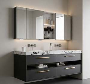 Meuble de salle de bain double vasque en bois foncé personnalisé avec miroir LED, tiroirs de rangement et étagères ouvertes pour l'organisation de la salle de bain à domicile - Product Image 6