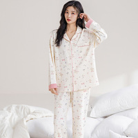 Nouveau style de pyjama en tricot imprimé à taille élastique, grande taille, pour femme, manches longues, printemps automne, pur coton, mignon et doux