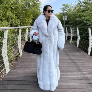 2024女性冬の厚いフォックスファーロングコートリアルナチュラルブルーフォックスファートレンチ長いコート本物のフォックスファージャケット最高品質