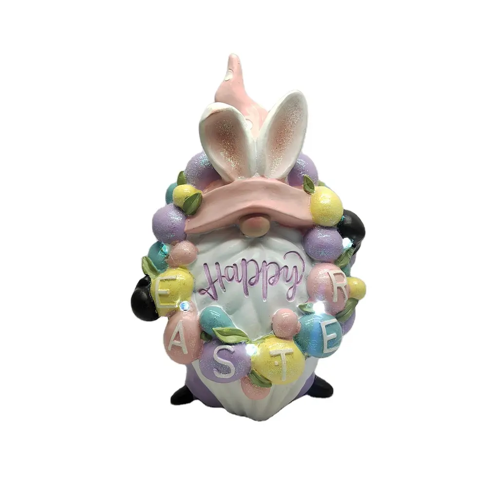 Happy EASTER Spring Decoration 11" Inch LIGHTED Resin bunny Rabbit gnome elf with eggs table ornament gift for kids woman men