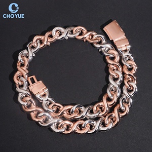 Collar de eslabones cubanos floral bicolor rosa y plateado con micro pavé de piedras redondas, joyería llamativa estilo hip hop para raperos, directo de fábrica - Product Image 3