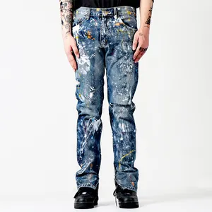 DiZNEW Neue Herren gestapelte Jeans Splash Ink Print Distressed Denim Jeans Vintage zerrissene Herren Slim Fit Jeans