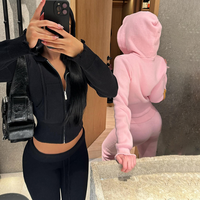 Ensemble de vêtements en tricot pour femmes sur mesure en usine OEM, vente en gros, sweat à capuche rose de haute qualité avec fermeture éclair et pantalon, ensemble deux pièces