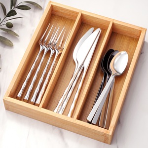 Boîte de rangement pour couverts en bambou avec compartiments pour fourchettes, couteaux, cuillères, organisateur de tiroir rectangulaire, couleur unie - Product Image 1