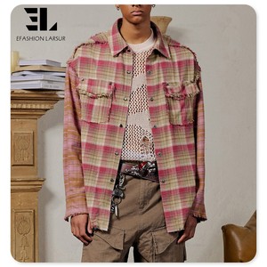 LARSUR <span class=keywords><strong>camicie</strong></span> di flanella in lana/poliestere Plaid con bordi grezzi Patchwork giacca di flanella con bottone da uomo - Product Image 1