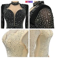 Langärmeliges dünnes Minikleid Damen Netz durchsichtig Strass Bleistift-Kleid sexy V-Ausschnitt Lady funkelnde Party-Kleider