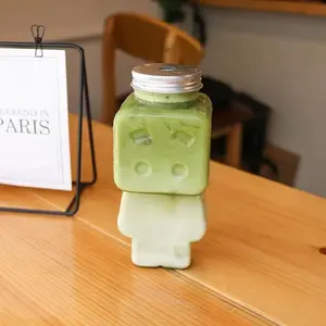 Garrafa de plástico personalizada de desenho animado, garrafa de plástico de desenho animado para chá, leite, suco de animal de estimação, maçaneta robô 500ml, forma de homem, chá verde, mel