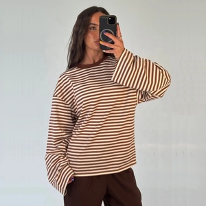 Customize Your Brand New Fashion Cotton Street Wear Plus Size Boxy Oversize Drop Shoulder Stripe <strong>Long</strong> Sleeve <strong>T</strong> <strong>Shirts</strong> <strong>Women</strong> - Product Image 2