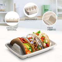 Barquette jetable biodégradable sans fluorure en canne à sucre pour tacos, sushis, chips de pommes de terre, nouilles, à emporter, avec gaufrage pour aliments