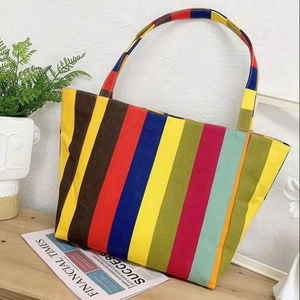 Sac de plage rayé en toile de coton décontracté pour femme, grand sac de week-end à bandoulière, vente en gros du fabricant, nouveauté - Product Image 2