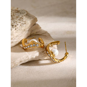 J & D anting-anting mutiara cangkang Hoop CC perhiasan kancing minimalis tekstur baja tahan karat PVD lapis emas 18K - Product Image 2