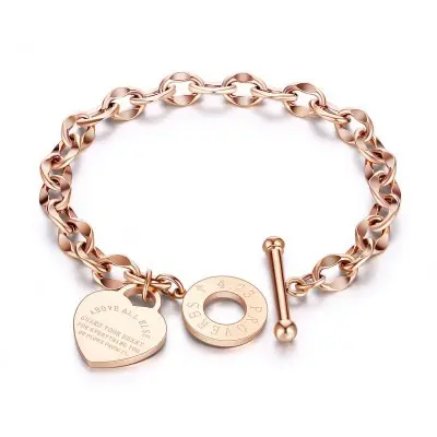 Wholesale Christian Jewelry Rose Gold Silver O Shaped Chain Bracelet With Engraved Bible Proverbs Heart Round Charm Bangles