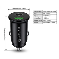 Pengisi Daya Mobil Mini PD QC3.0 Dual Port, Tersembunyi, Cepat, 3.1A 12-24V Universal untuk Tablet dan Ponsel, Portable