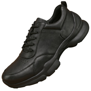 Chaussures de marche pour hommes en cuir véritable, bout rond, lacets, semelle extérieure en caoutchouc amortie, noires, style décontracté et sportif - Product Image 4
