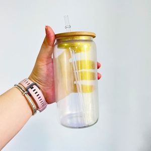 16Oz 20Oz Blank Sublimation Rainbow Glitter Iridescent Can Glass With <b>Bamboo</b> Lid and <b>Straw</b> for Hot Printing - Product Image 3