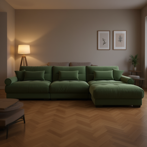 Divano Componibile a L in Velluto Verde Oliva con Seduta Profonda e Braccioli Arrotondati per Soggiorno Moderno - Product Image 2