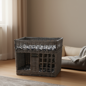 Casa para Gatos Cuadrada de Mimbre Gris, Mueble Ligero para Mascotas, Estilo Clásico con Diseño de Puntos, Tamaño Pequeño - Product Image 2