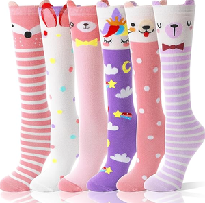 6 أزواج من جوارب الأطفال الطويلة للبنات، هدية جوارب طويلة مجنونة ومرحة بتصاميم حيوانات لطيفة للأطفال - Product Image 1