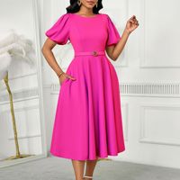Nuevo Vestido de Noche para Mujer, Elegante, con Mangas Abullonadas, Cintura Alta, Color Sólido