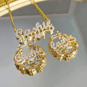 UWIN Hiphop Bling Bling Paillettes Nom <span class=keywords><strong>Plaque</strong></span> Bambou Boucles D'oreilles Collier En Acier Inoxydable Orner NameTag Ensemble de Bijoux - Product Image 3