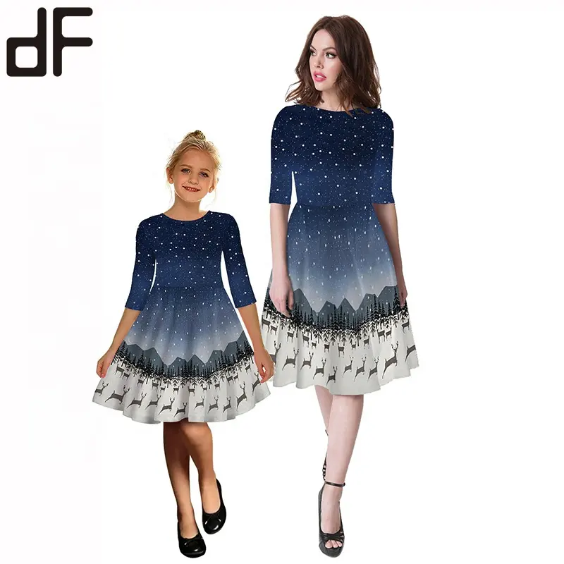 Großhandel Galaxy Print Halbarm Casual Familien kleid Eltern-Kinder tragen Mädchen passende Kleidung eine Linie Mutter und Tochter Kleid