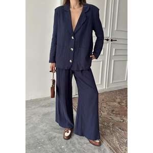 <b>Navy</b> <b>Blue</b> Oversize Women's Suit Set 100% Cotton Oxford Fabric Anti-Wrinkle Wide Leg Pants Long Sleeve <b>Blazer</b> - Product Image 3