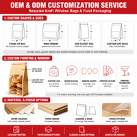 Sac à pain de boulangerie avec fenêtre transparente, fermeture à lien métallique, pochette en papier kraft pour l'emballage de donuts et pâtisseries, vente en gros pour cafés et boulangeries, impression personnalisée en vrac