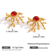 Boucles d'oreilles et collier en acier inoxydable plaqué or PVD 18 carats, style tendance vacances, avec pendentif corail en résine rouge
