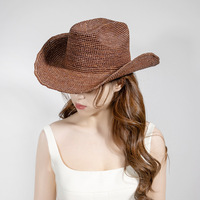 Chapeau de cowboy tendance en paille de raphia fait main, chapeau de soleil de plage à large bord pour femmes et hommes