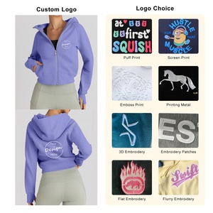 Wholesale Custom Plain Women's Blue Full Zip Gym Sport Thumb Hole Sleeves Hooded Sweatshirt Loose Comfortable Crop <b>Top</b> Hoodie - Product Image 3