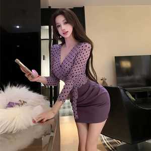Purple Polka Dot Faux Two Piece Dress Women Long Sleeve Waist Cinching Bodycon Mini <b>Skirt</b> Spring Autumn Elegant Sexy Stretch - Product Image 3
