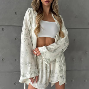 Conjunto de <span class=keywords><strong>Bata</strong></span> y Pantalones Cortos de Manga Larga Estampados, Ropa de Casa <span class=keywords><strong>Juvenil</strong></span>, Informal, Veraniega, Cómoda, Transpirable, Pijama - Product Image 3