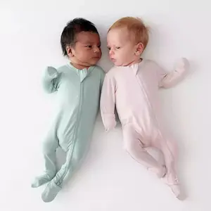 Pijama de bambu infantil de cor sólida para bebês, 5 peças, para meninos e meninas, com pés, para dormir