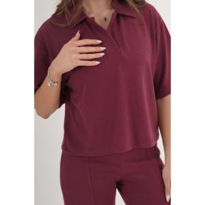 Blusa de Manga Corta con Cuello Camisero Color Borgoña para Mujer, Marca Lustrin, con Detalles de Adorno, Elegante Mezcla de Poliéster y Viscosa para Negocios - Product Image 5