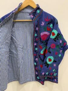 Bleu coton TNT Vintage Suzani hiver court hiver brodé veste manteau hiver Boho veste broderie à la main veste pour les femmes - Product Image 3