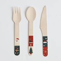 Ensemble de couverts en bois imprimés pour les fêtes, biodégradables, jetables, pour la décoration de table de Noël et du Nouvel An