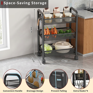 Carrito de almacenamiento metálico de tres niveles con ruedas para la organización de la cocina y el almacenamiento de alimentos - Product Image 3