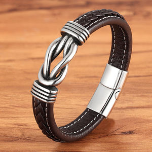 Bracelet en cuir noir et <span class=keywords><strong>bleu</strong></span> pour homme, bijou géométrique en acier inoxydable, tressé à la main avec fermoir magnétique, cadeau idéal - Product Image 4
