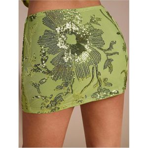 FOXA Women's Floral Print <b>Sequin</b> Bodycon Mini <b>Skirt</b> Summer Night Out Club Party Dress Green - Product Image 2