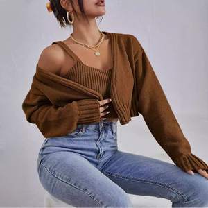Conjunto Feminino de 2 Peças em Tricô: Top Cropped e Cardigã Aberto com Detalhes Canelados – Roupa Grossa de Outono para Lazer 2026 - Product Image 4