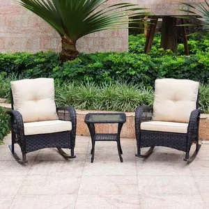 Desain Baru 3 Buah Mebel Anyaman Rotan Set Furnitur Goyang Luar Ruangan Taman Patio Furnitur Penampang Furnitur Percakapan