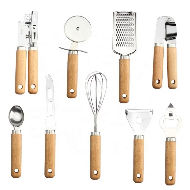 Ensemble de Gadgets de cuisine avec poignée en bois, 7 pièces, en acier inoxydable, pour faire des glaces, presse à ail, Gadgets, accessoires