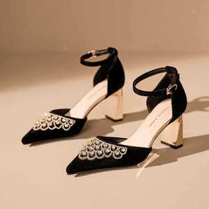 Zapatos de Novia con Tacón Cuadrado, Tira en el Tobillo, Decoración de Pedrería, Punta en Pico, Terciopelo Sólido Ligero, Modelo 7500H-225 - Product Image 3