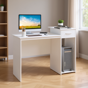 Escritorio de computadora moderno con estante ajustable y cajón, madera blanca MDF, muebles para oficina en casa - Product Image 2