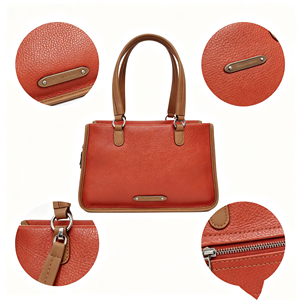 Women Terracotta Pebbled <b>Leather</b> Satchel Top Handle Tote Bag <b>Tan</b> Trim Silver Hardware Shoulder <b>Handbag</b> - Product Image 6