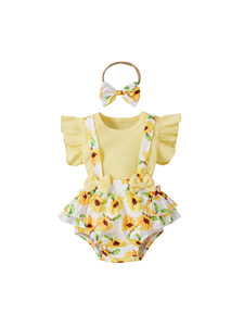 Conjunto de <span class=keywords><strong>Pijama</strong></span> para Bebé 3 en 1 con Top con Volantes, Pantalones Cortos con <span class=keywords><strong>Tirantes</strong></span> y Estampado Floral, y Diadema - Product Image 4