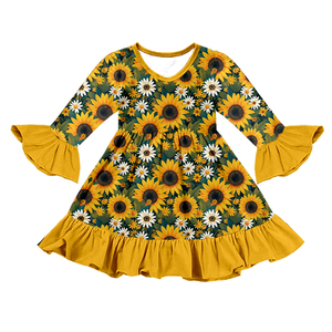 Milk Silk Print <b>Girls</b> <b>Long</b> Sleeve <b>Dress</b>, Daisy Sunflower Floral Flare Ruffle Sleeve Kids Fall <b>Dress</b> <b>For</b> Toddler <b>Girls</b> - Product Image 2
